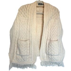 Aran Crafts Merino Wool Poncho Cape Cream with Tassels Small Boho Thick Knit